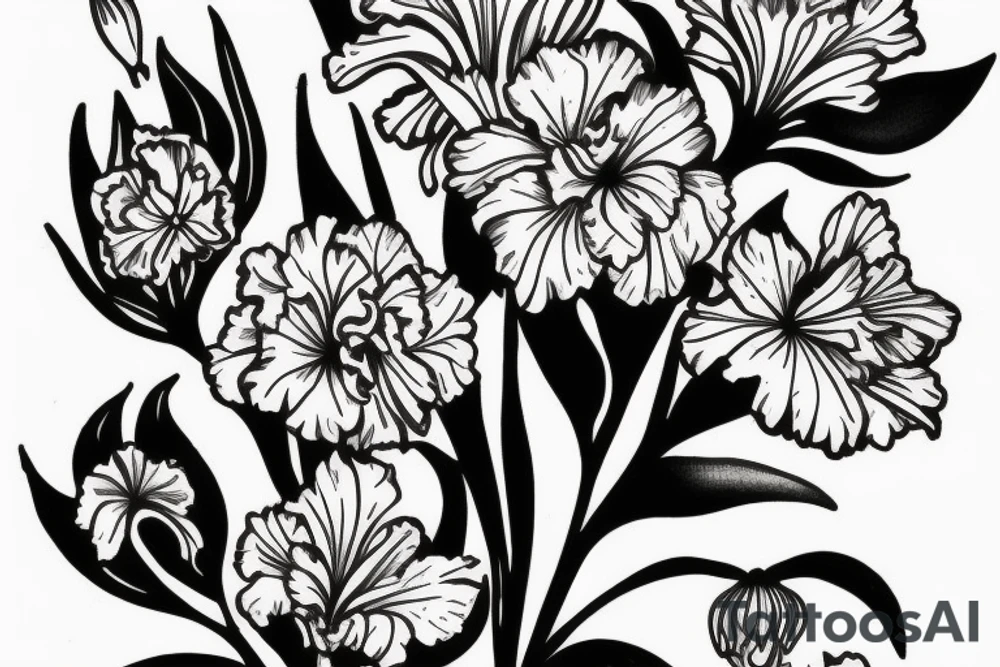 Carnation, Lilly of the valley, larkspur bouquet tattoo idea