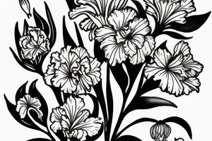 Carnation, Lilly of the valley, larkspur bouquet tattoo idea