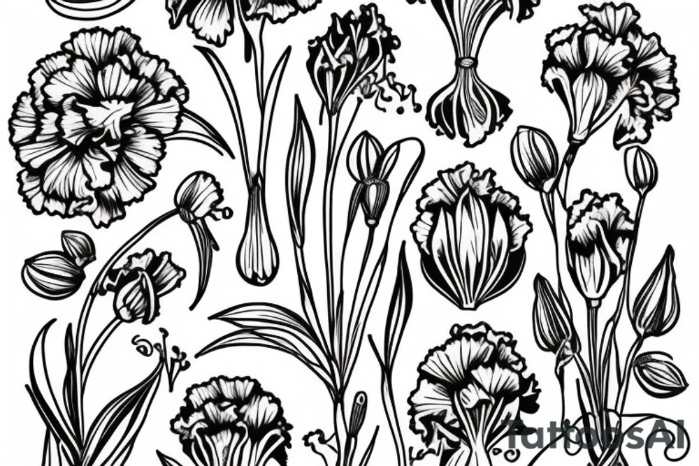 Carnation, Lilly of the valley, larkspur bouquet tattoo idea