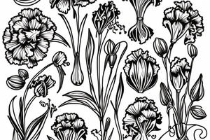Carnation, Lilly of the valley, larkspur bouquet tattoo idea