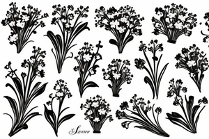 Carnation, Lilly of the valley, larkspur flower
 bouquet with the word forever tattoo idea