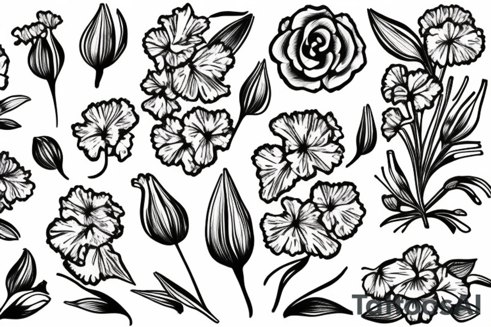 Carnation, Lilly of the valley, larkspur flowers with the word forever tattoo idea