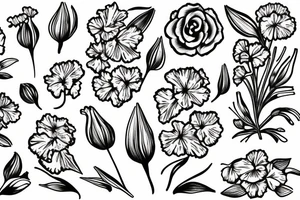 Carnation, Lilly of the valley, larkspur flowers with the word forever tattoo idea