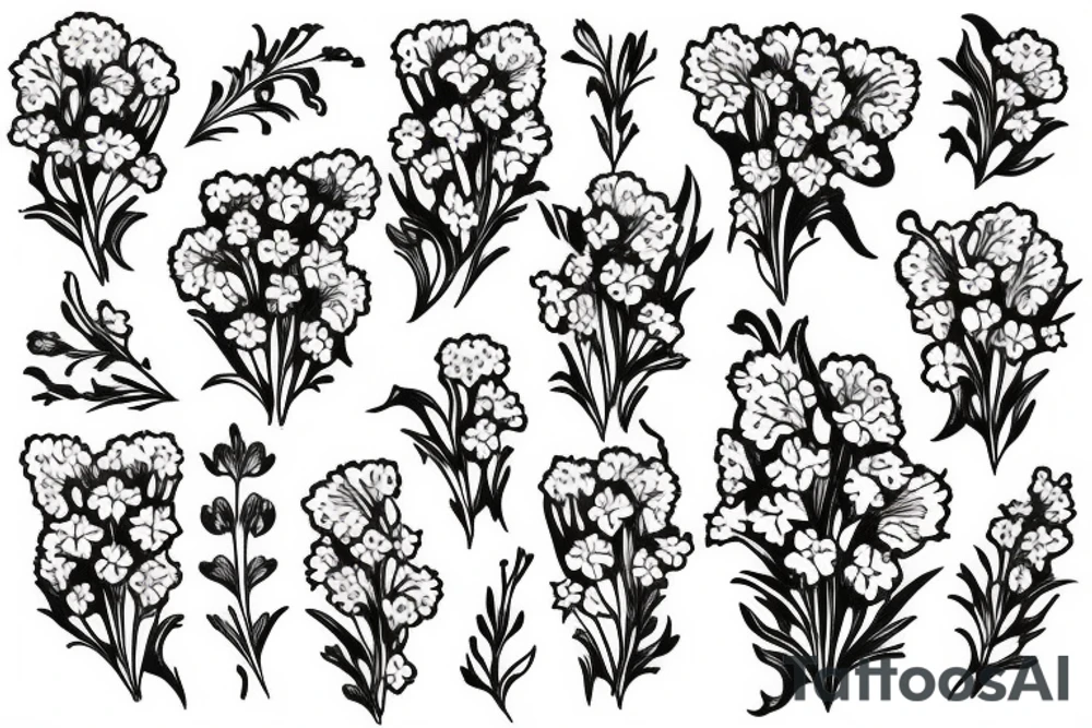 Carnation, Lilly of the valley, larkspur flowers with the word forever tattoo idea