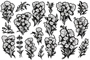 Carnation, Lilly of the valley, larkspur flowers with the word forever tattoo idea