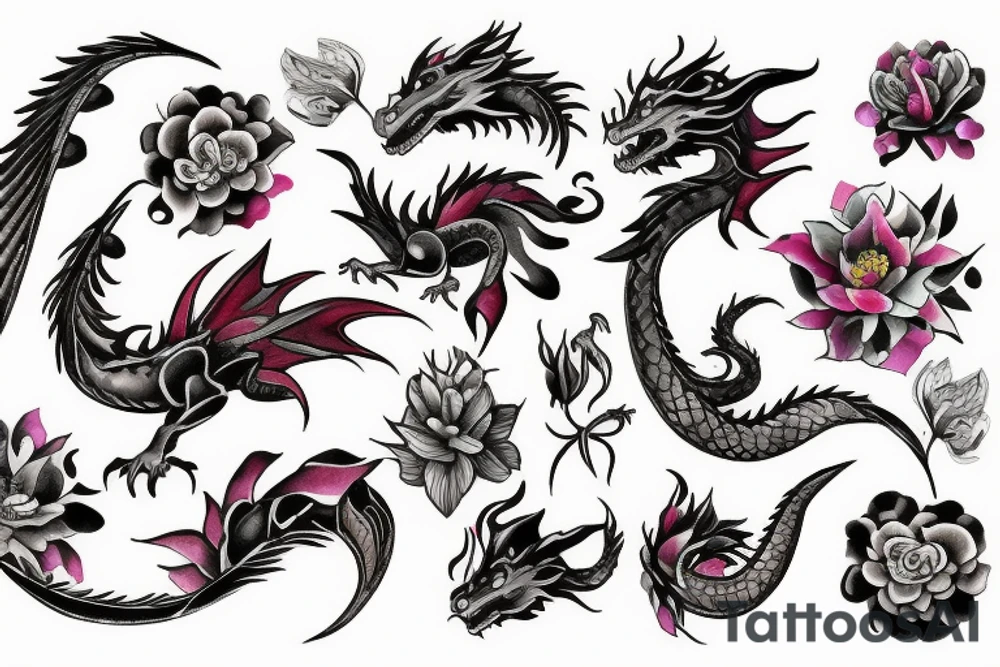 dragon with flowers tattoo idea