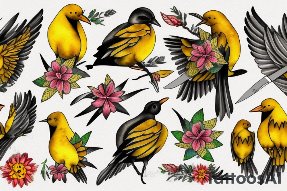yellow bird with flowers and knives tattoo idea