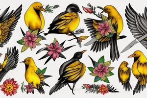 yellow bird with flowers and knives tattoo idea