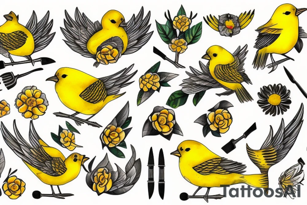yellow bird with flowers and knives tattoo idea