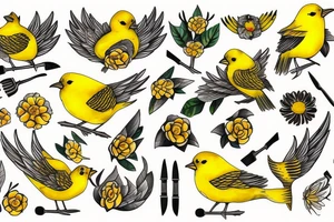 yellow bird with flowers and knives tattoo idea