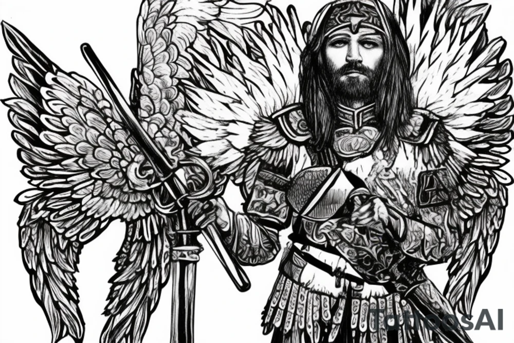 portrait of a winged hussar with the wings brandished with his war hammer raised tattoo idea