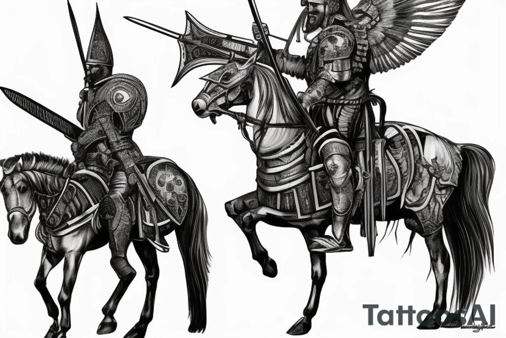 portrait of a winged hussar on a horse with his war hammer raised in full armor tattoo idea