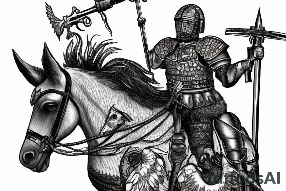 portrait of a winged hussar on a horse with his war hammer raised in full armor tattoo idea