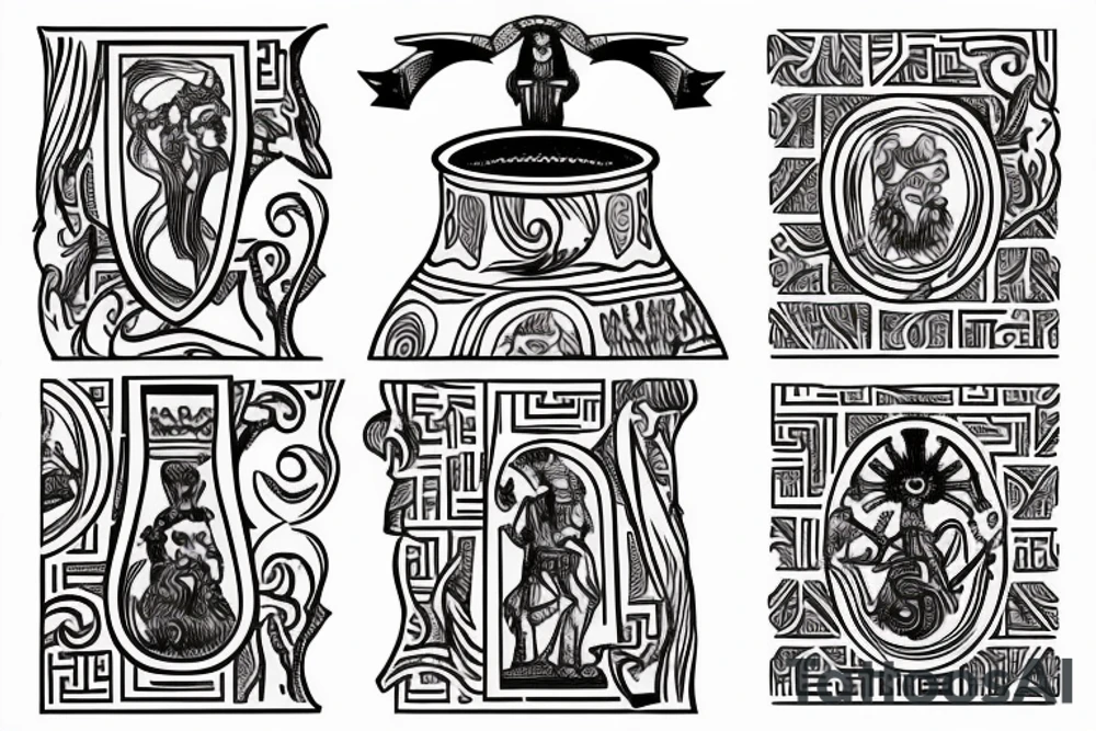 Old greek style vase with either a image of poseidon or roger kind of sail/sea related image tattoo idea