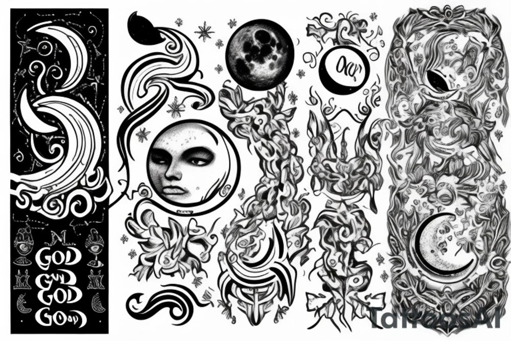 Symbols on the arm: harmony, good lick, moon, purity, stability, enlightement, way tattoo idea