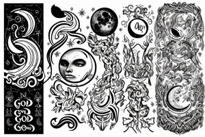 Symbols on the arm: harmony, good lick, moon, purity, stability, enlightement, way tattoo idea