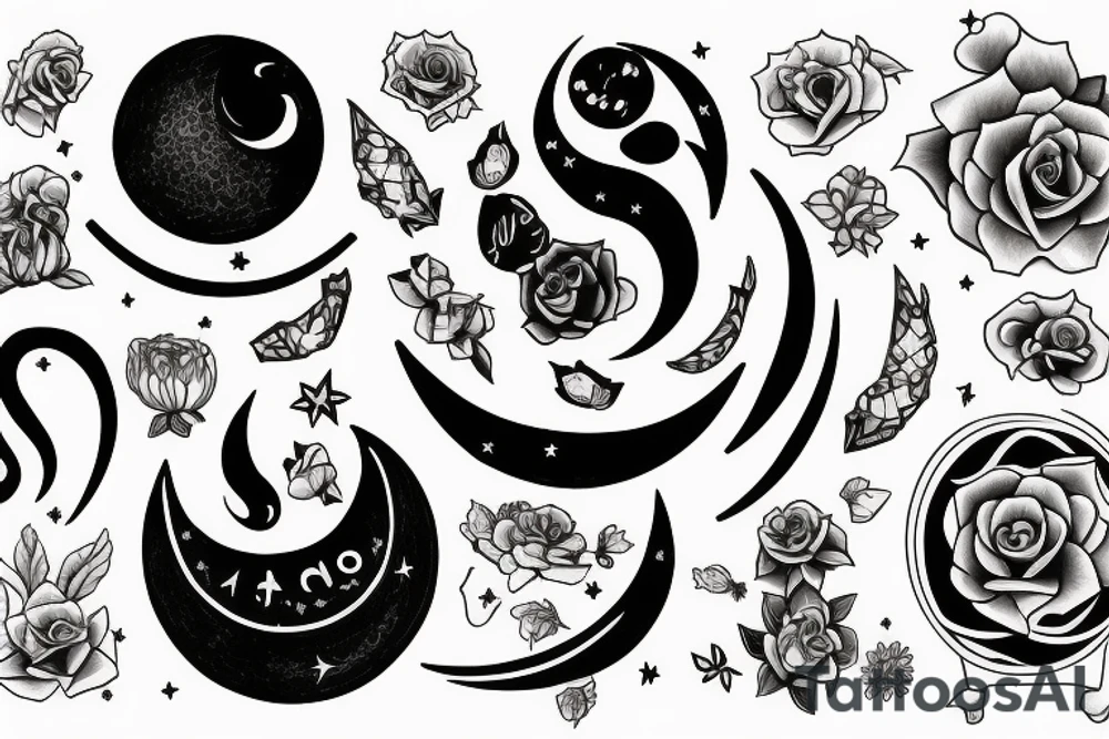 Symbols on the arm in a row: harmony, good lick, moon, purity, stability, enlightement, way tattoo idea