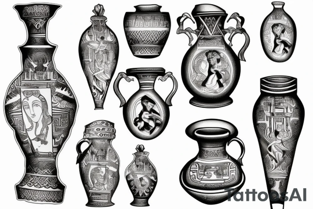Old greek style vase with the image of Old Greeks drinking vine tattoo idea