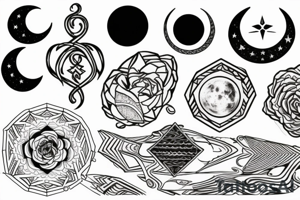 Symbols on the arm in a row (linework style): harmony, good lick, moon, purity, stability, enlightement, way tattoo idea