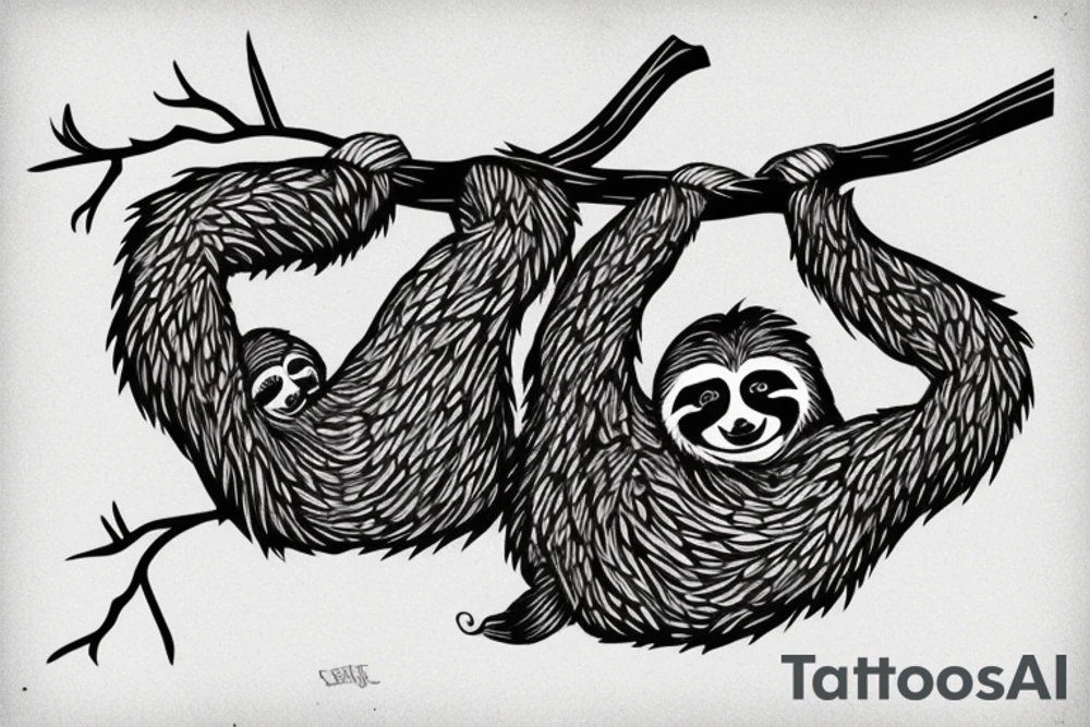 Sloth hanging from branch tattoo idea