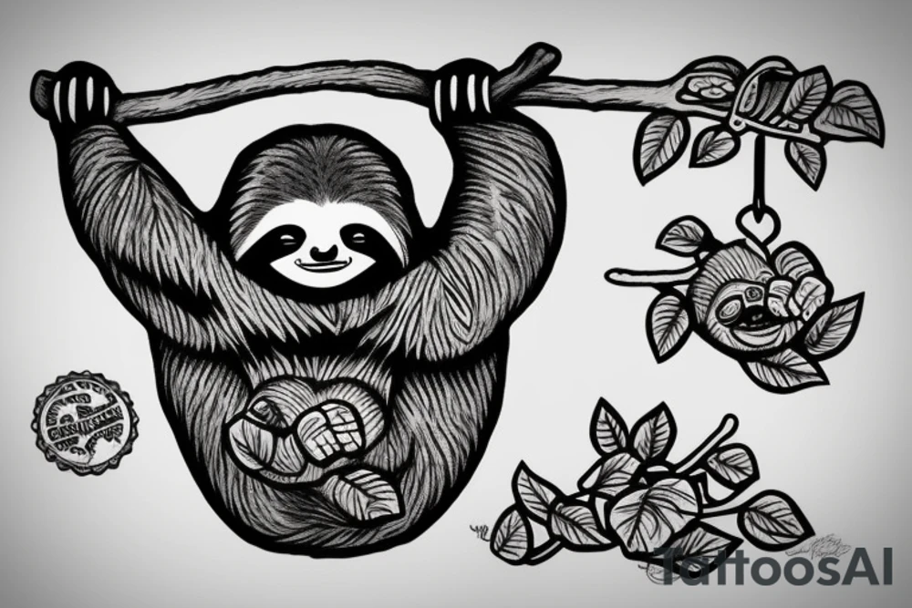 Sloth hanging from branch tattoo idea