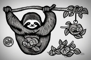 Sloth hanging from branch tattoo idea