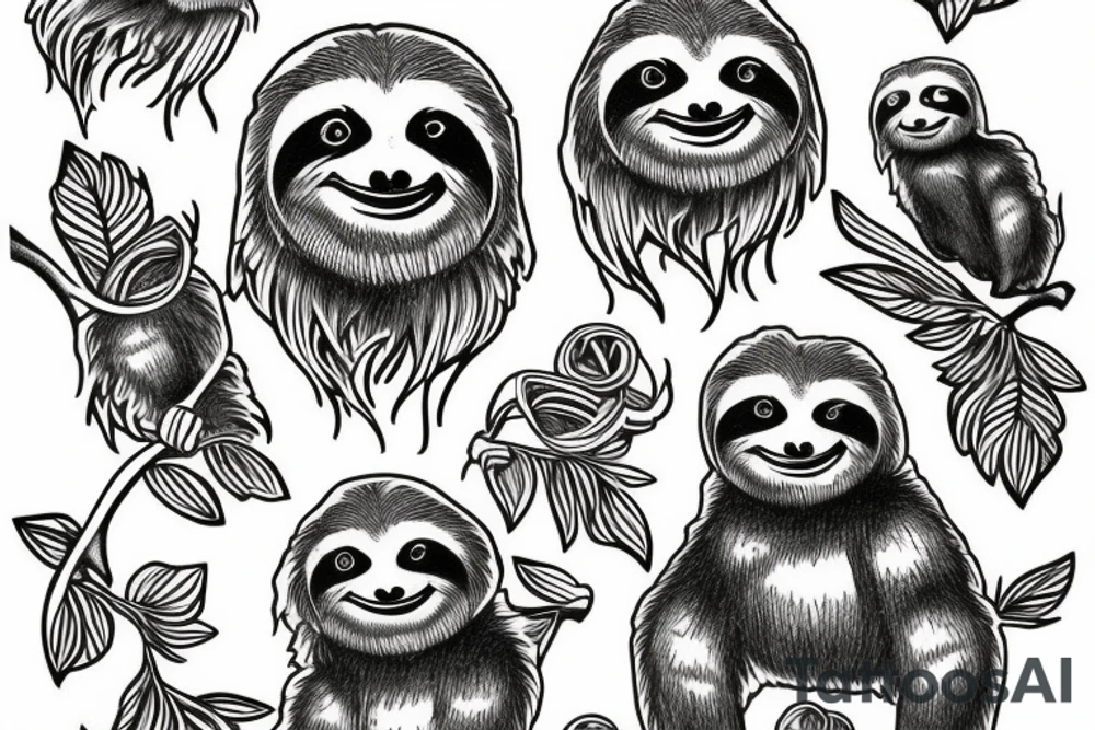 Sloth hanging from branch tattoo idea
