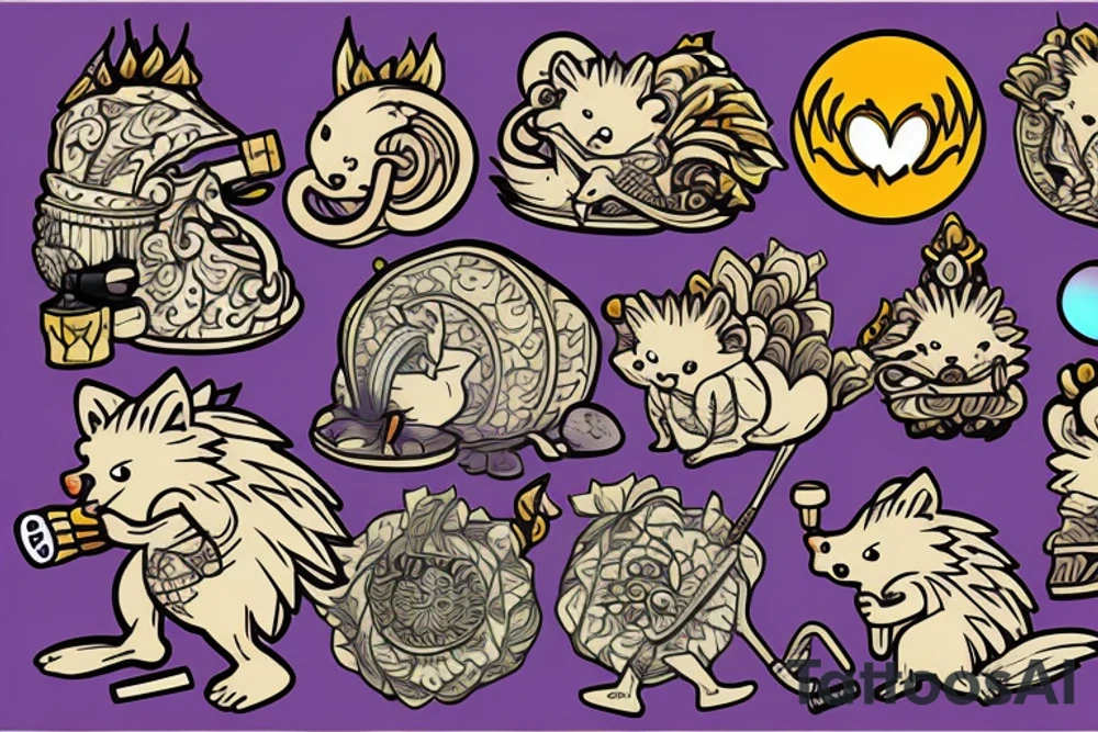Hedgehog shaman smokes hookah tattoo idea