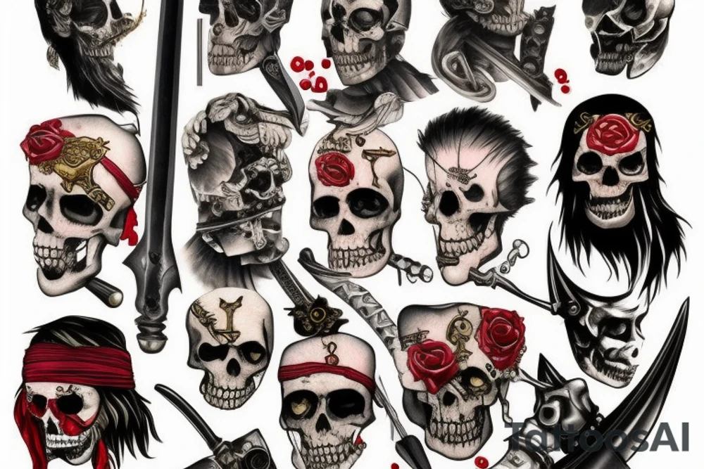 Bloody pirate with goldand swords tattoo idea