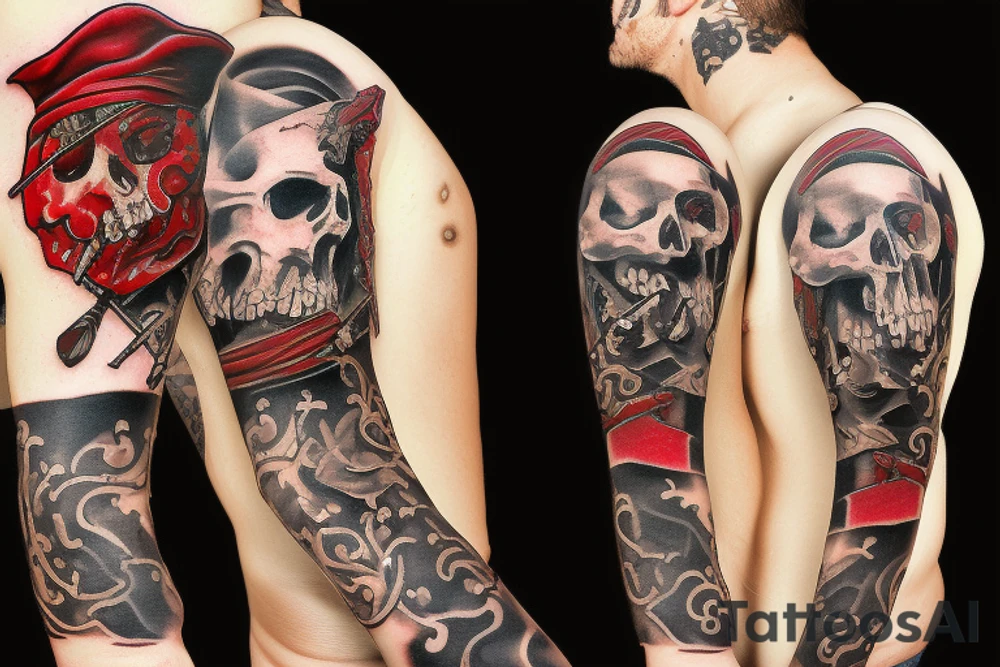 Bloody pirate with goldand swords tattoo idea