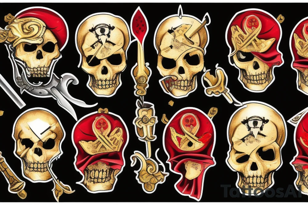 Bloody pirate with gold and swords tattoo idea