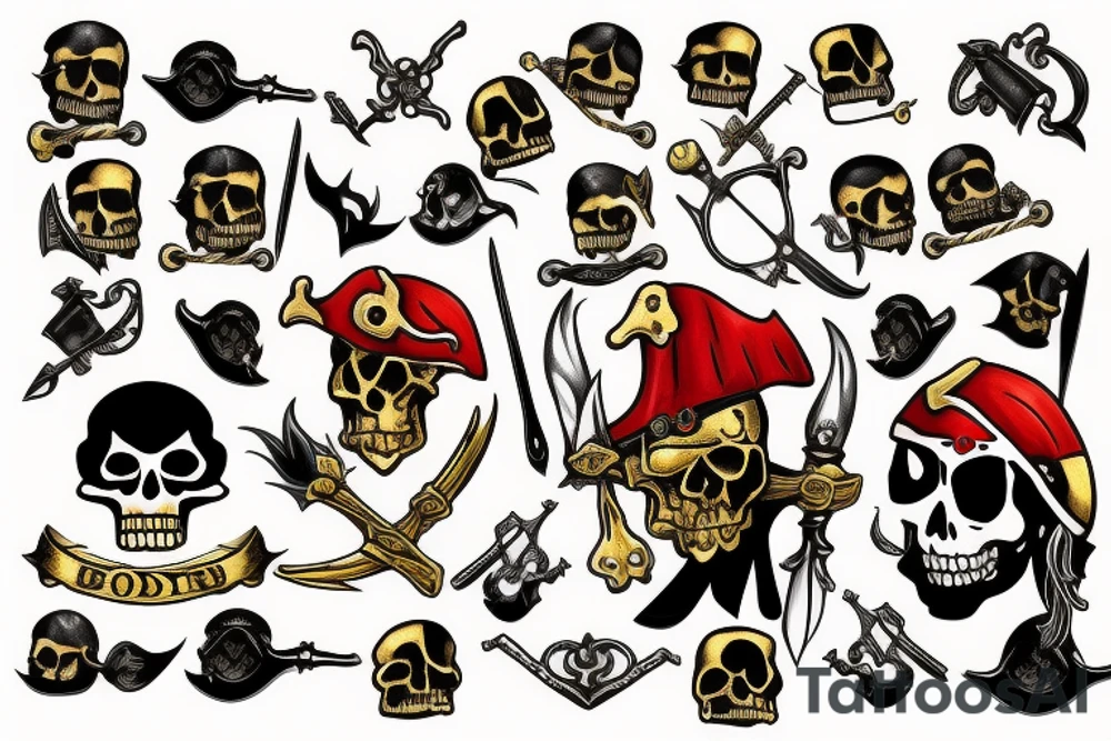 Bloody pirate with gold and swords tattoo idea