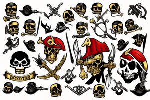 Bloody pirate with gold and swords tattoo idea
