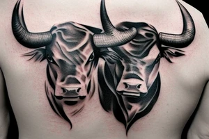 Realism bull tattoo for on upper back. Horns to span width of shoulders. Mean looking. tattoo idea