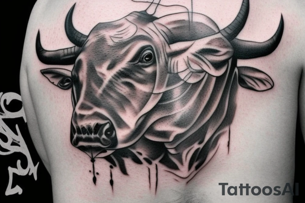 Realism bull tattoo for on upper back. Horns to span width of shoulders. Mean looking. tattoo idea