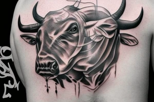 Realism bull tattoo for on upper back. Horns to span width of shoulders. Mean looking. tattoo idea