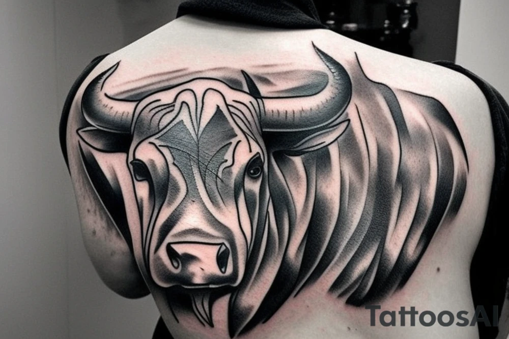Realism bull tattoo for on upper back. Horns to span width of shoulders. Mean looking. Single bull. tattoo idea