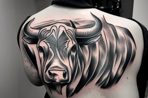 Realism bull tattoo for on upper back. Horns to span width of shoulders. Mean looking. Single bull. tattoo idea