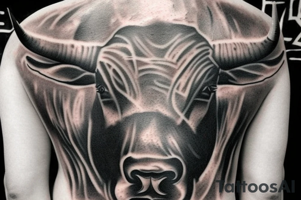 Realism bull tattoo for on upper back. Horns to span width of shoulders. Mean looking. Single bull. tattoo idea