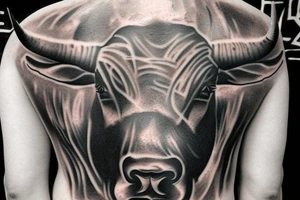 Realism bull tattoo for on upper back. Horns to span width of shoulders. Mean looking. Single bull. tattoo idea