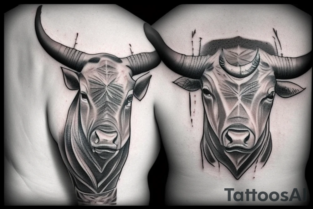 Realism bull tattoo for on upper back. Horns to span width of shoulders. Mean looking. Single bull. The name Jackson written between the horns. tattoo idea