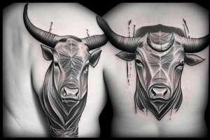 Realism bull tattoo for on upper back. Horns to span width of shoulders. Mean looking. Single bull. The name Jackson written between the horns. tattoo idea