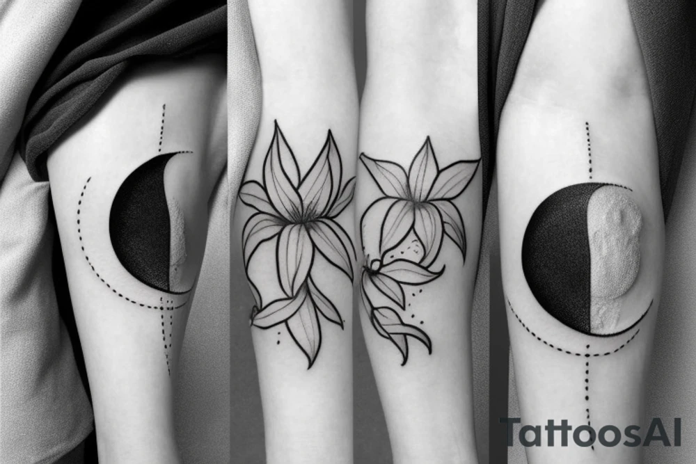 Black thin line lily with a moon tattoo idea