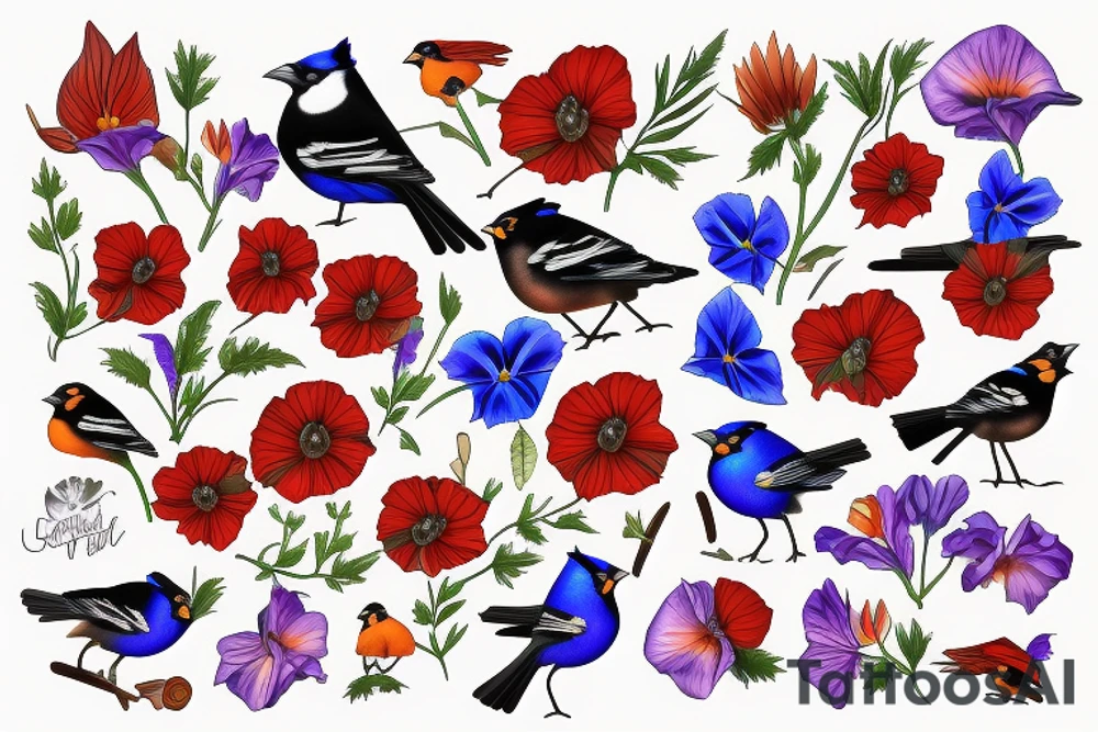 birds: oriole, bluejay, cardinal, redwing blackbird. flowers: morning glory's tattoo idea