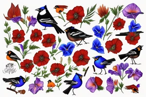 birds: oriole, bluejay, cardinal, redwing blackbird. flowers: morning glory's tattoo idea