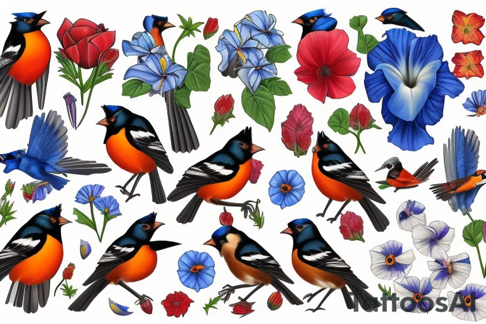 birds: oriole, bluejay, cardinal, redwing blackbird. flowers: morning glory's tattoo idea