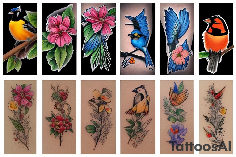 oriole and  bluejay and cardinal and redwing blackbird and morning glory flowers tattoo idea