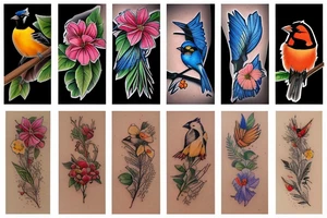 oriole and  bluejay and cardinal and redwing blackbird and morning glory flowers tattoo idea