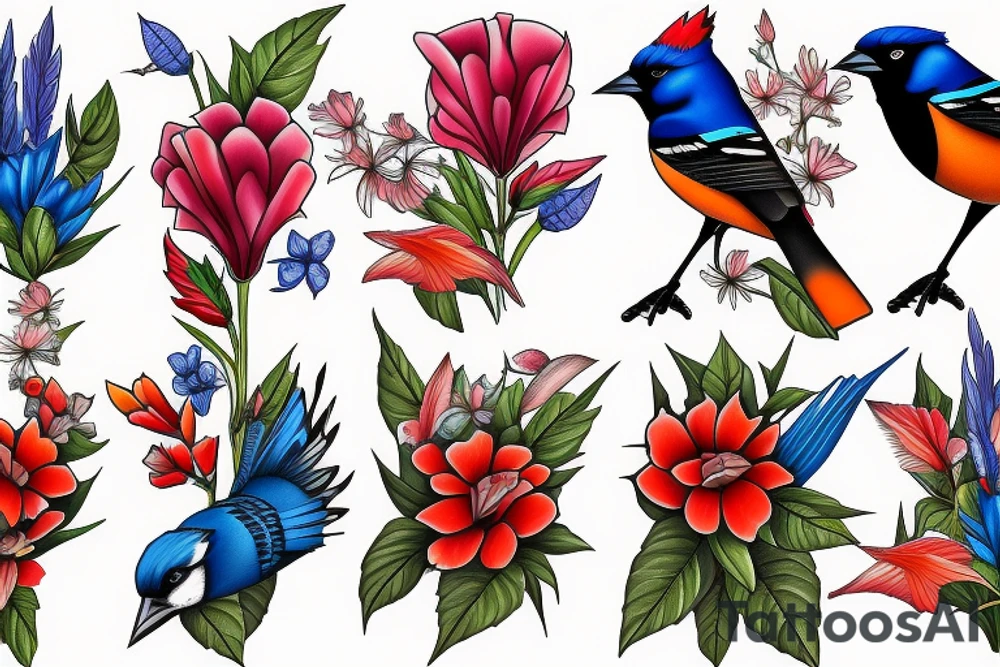 oriole and  bluejay and cardinal and redwing blackbird and morning glory flowers tattoo idea