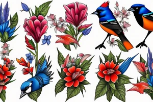 oriole and  bluejay and cardinal and redwing blackbird and morning glory flowers tattoo idea